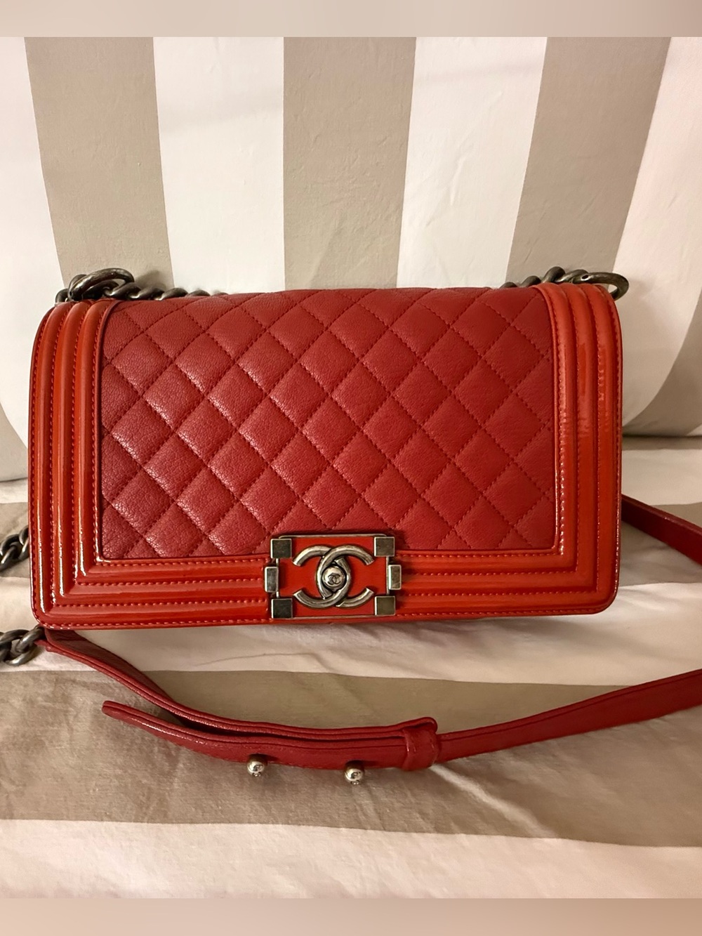 CHANEL Red Quilted Boy Bag with gray-Tone Hardware